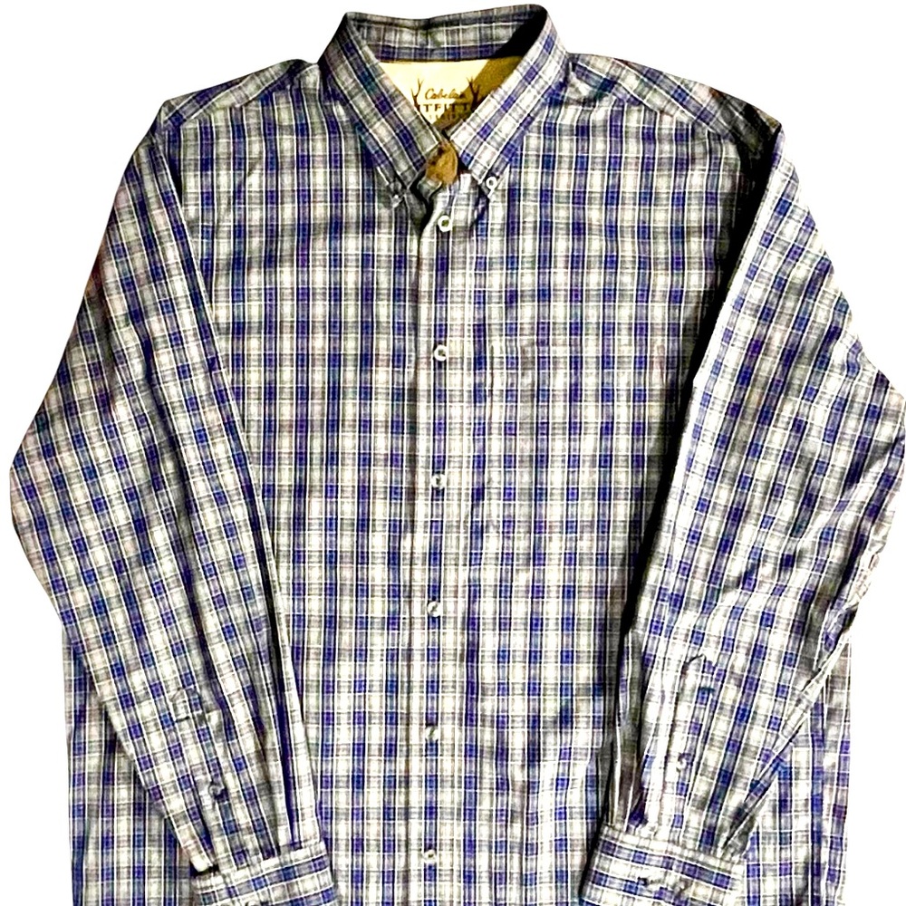 Cabela's Outfitter Series Shirt Men's Plaid Button-Down Cotton Blue Grey Outdoor